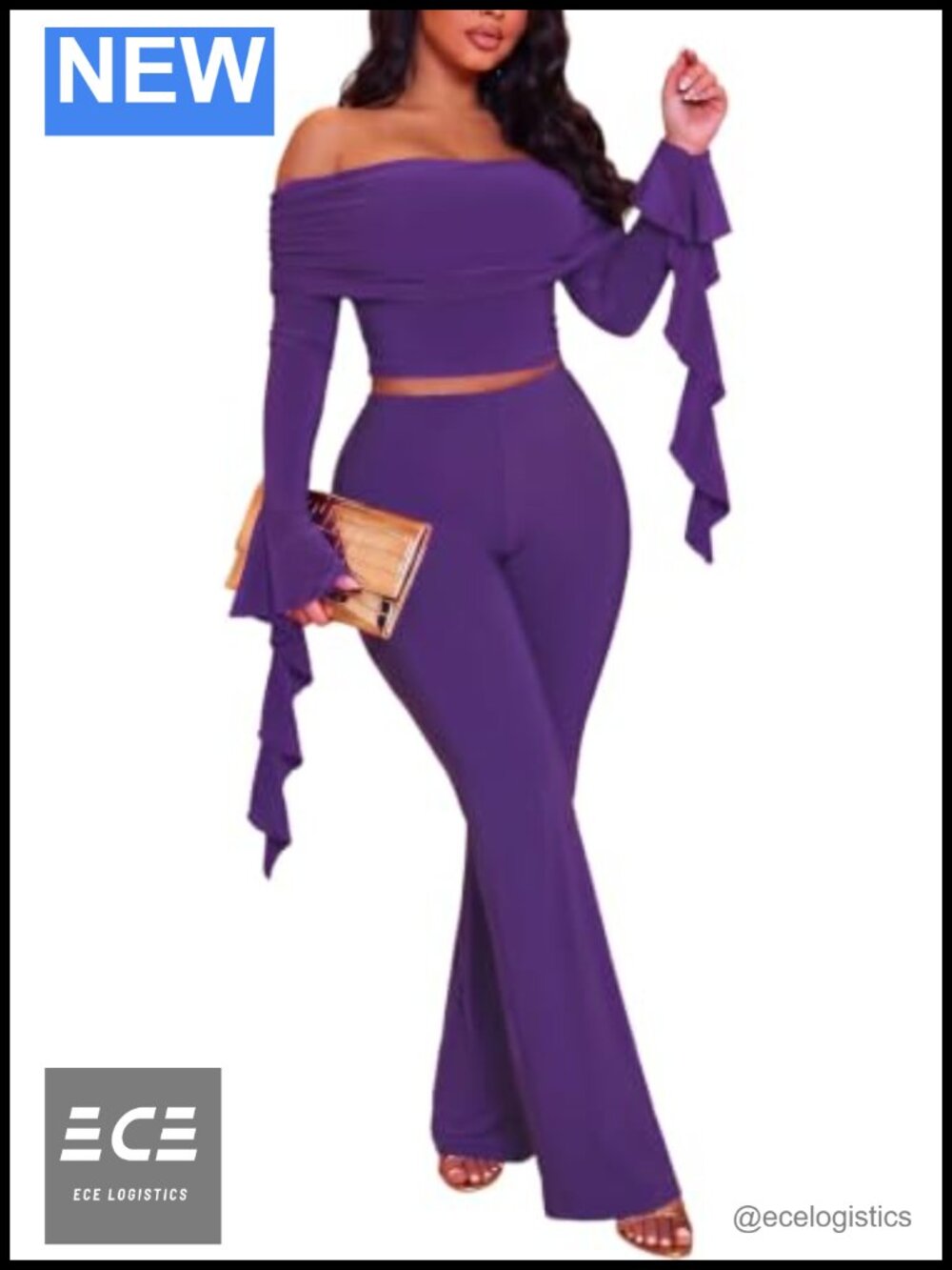 Women 2 Piece Set Off Shoulder Ruffle Crop Top Flare Pants Polyester Party